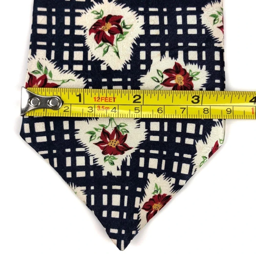 GAP Men's 100% Silk Beige Dark Blue Red Floral Flower Plaid Short Necktie